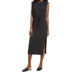 Open Edit Jersey Knit Dress Womens Size Small Black Midi Tie Waist Sleeveless